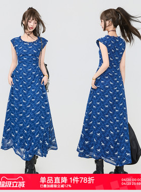 KEIKO 高级感靛蓝色雪纺连衣裙夏季度假风薄款收腰小碎花圆领长裙