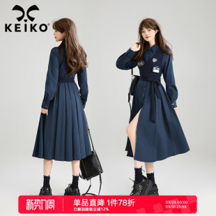 通勤收腰显瘦A字百褶长裙 连衣裙春季 KEIKO高知风假两件式 束腰衬衫