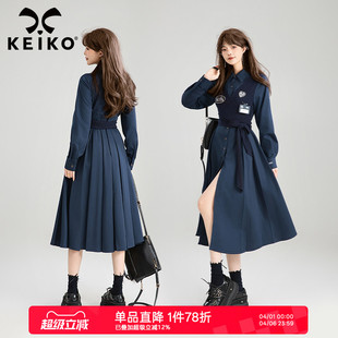 连衣裙春季 通勤收腰显瘦A字百褶长裙 束腰衬衫 KEIKO高知风假两件式
