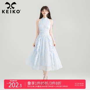 温柔感蓝色碎花挂脖连衣裙夏季 KEIKO 超好看海边度假显瘦仙女裙子