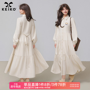 连衣裙春季 KEIKO 暗条纹衬衫 法式 叠搭轻法风A字大摆长裙子 抗皱