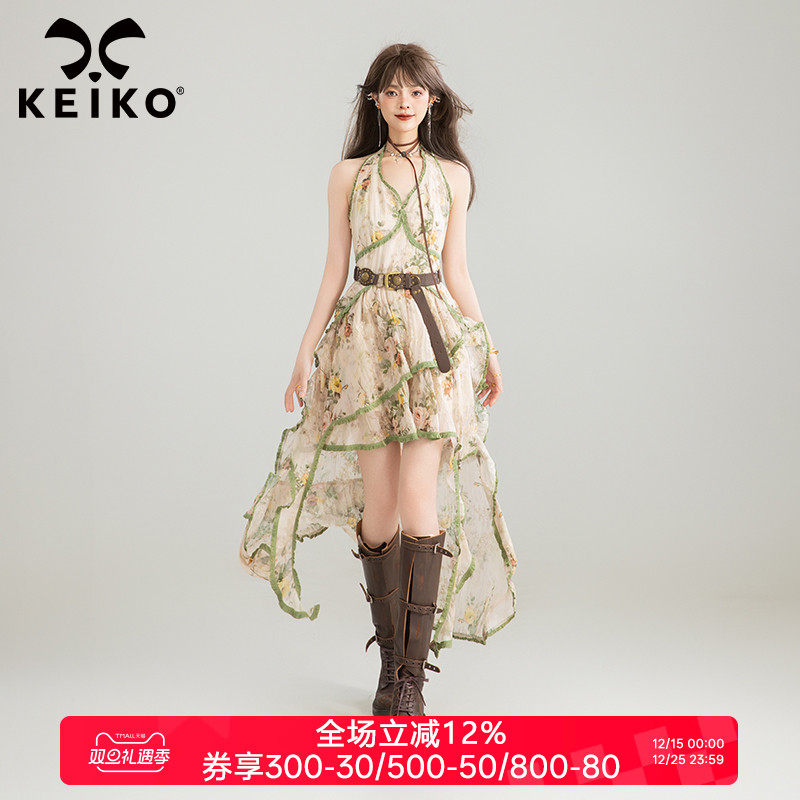 KEIKO 法式复古碎花挂脖连衣裙25夏日波嬉系绝美不规则拖尾长裙子