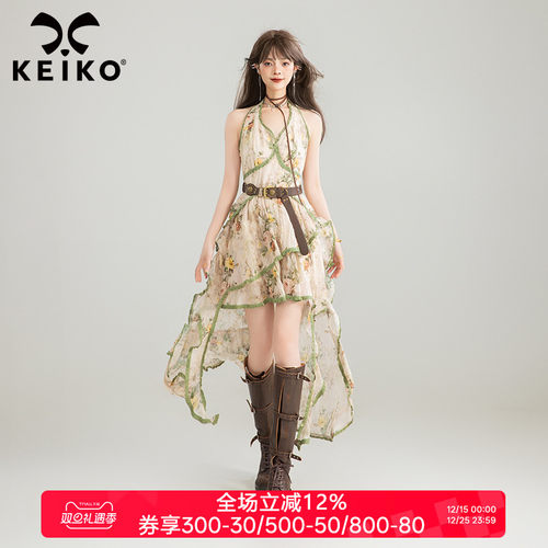 KEIKO法式复古碎花挂脖连衣裙
