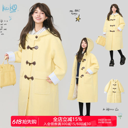 KEIKO奶黄色长款牛角扣毛呢大衣