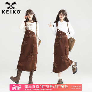 KEIKO 设计感斜肩背带连衣裙25秋季新款美式复古工装风咖色长裙