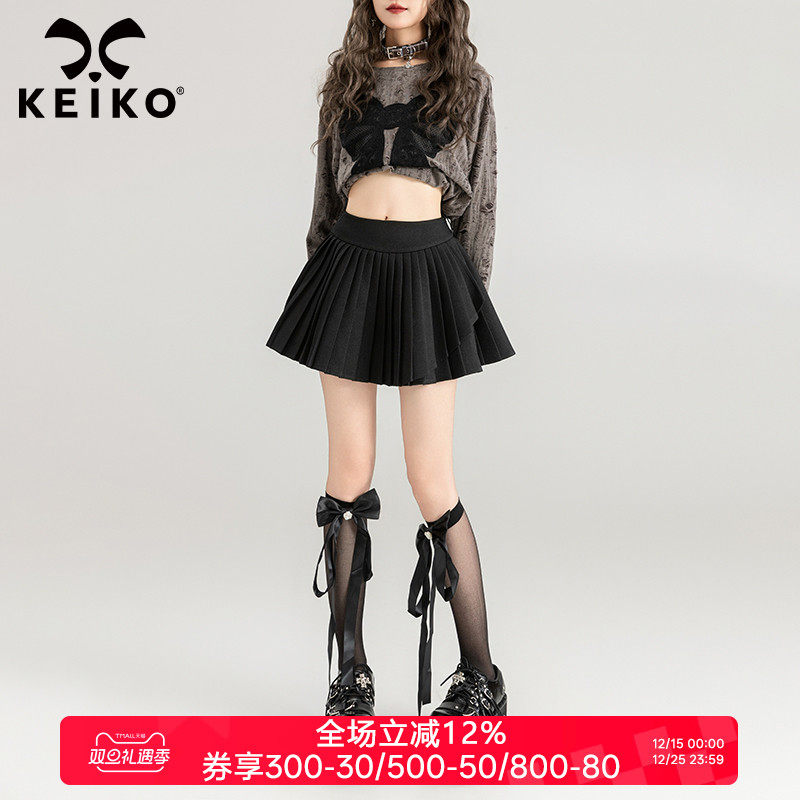 KEIKO 不规则黑色百褶短裙25秋季学院风高腰显瘦蓬蓬A字半身裙子