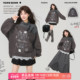 KEIKO 设计感拼接假两件灰色加绒卫衣初春轻亚酷感皮扣饰印花上衣