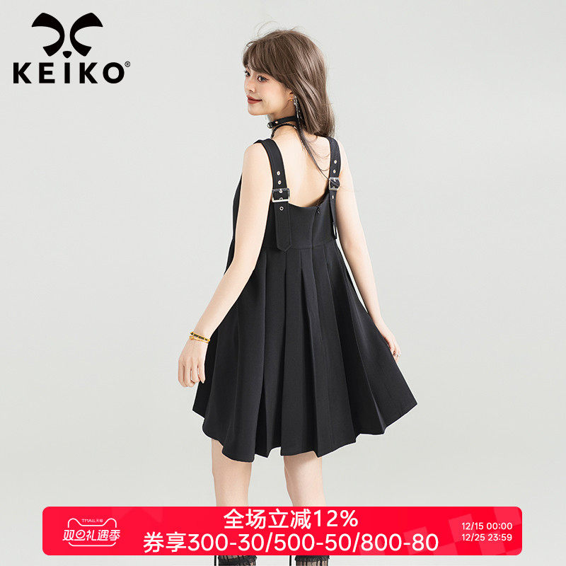 KEIKO 法式黑色吊带连衣裙夏季淡人穿搭小个子A字百褶短裙小黑裙