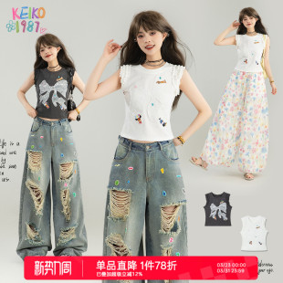 显瘦无袖 KEIKO 凉感修身 背心女夏季 t恤上衣 甜辣风蝴蝶结绣花短款