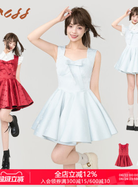KEIKO 千金感蓝色蝴蝶结吊带连衣裙夏季显瘦蓬蓬A字裙公主礼服裙