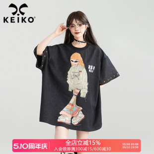 夏季 KEIKO t恤女中长款 复古印花短袖 y2k嘻哈铆钉饰宽松t恤裙 美式