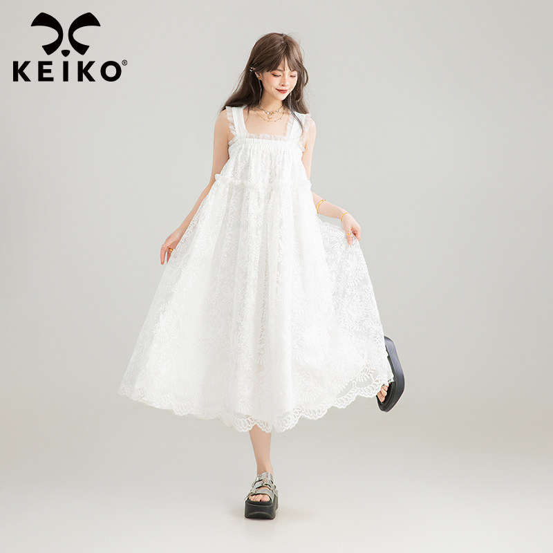 KEIKO [重工刺绣] 白色欧根纱吊带连衣裙春夏法式温柔无袖A字长裙