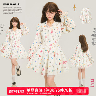 KEIKO 法式彩绘蝴蝶碎花系带连衣裙26春季花边灯笼袖收腰显瘦短裙