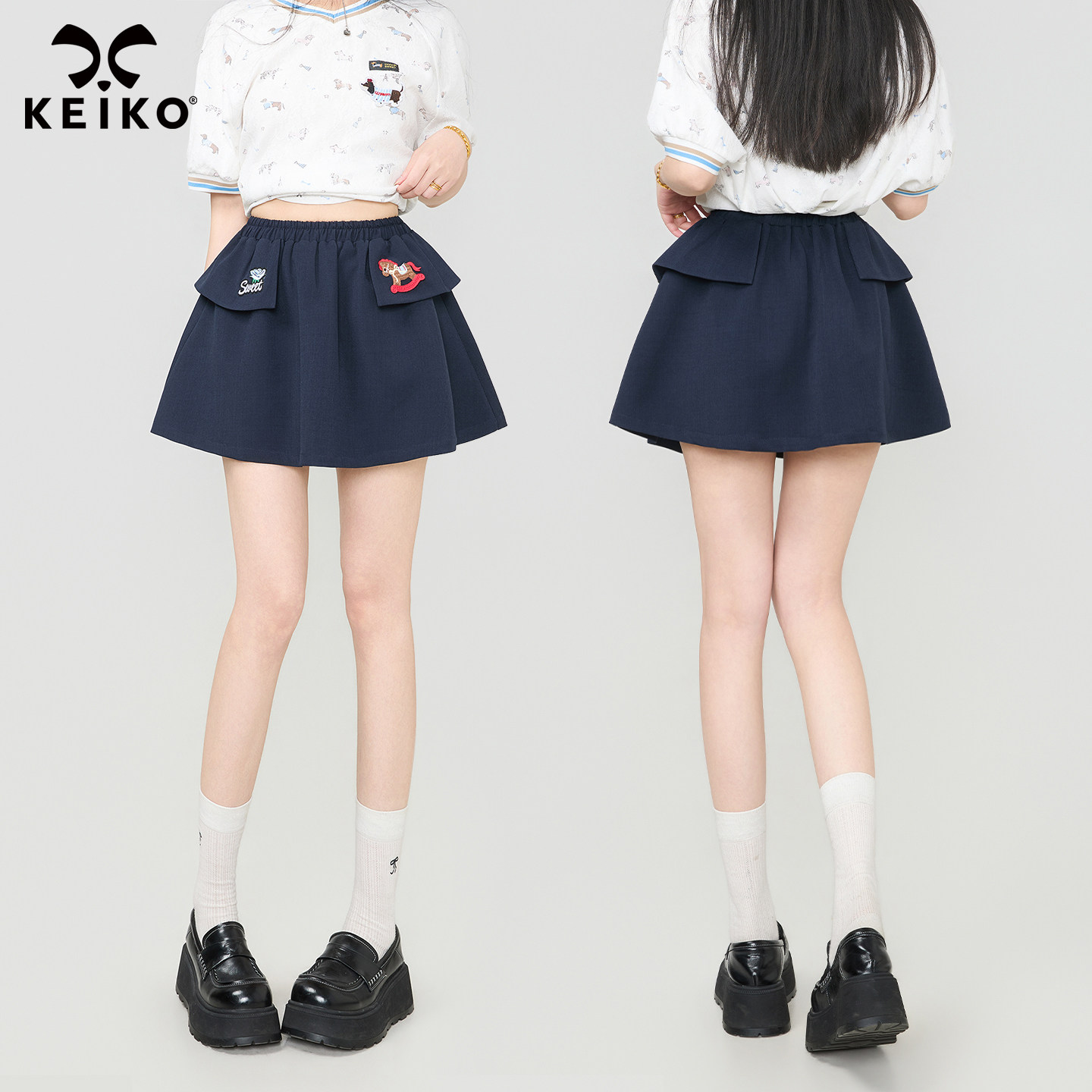 KEIKO 学院风藏青色小马刺绣半身裙夏季甜美减龄低腰a字蓬蓬短裙