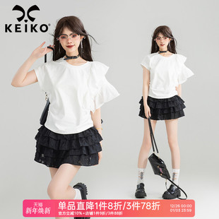 上衣 小众设计棉质圆领短袖 KEIKO不对称荷叶袖 拼接白色t恤女25夏季
