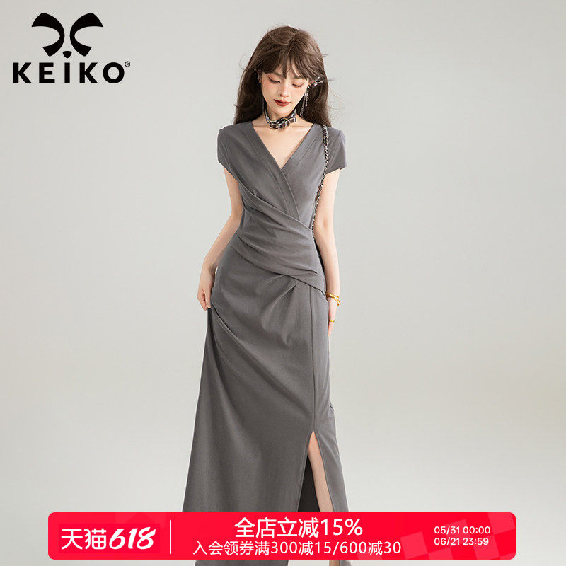 KEIKO 交叠V领灰色长款连衣裙夏季新款气质独特漂亮掐腰显瘦长裙