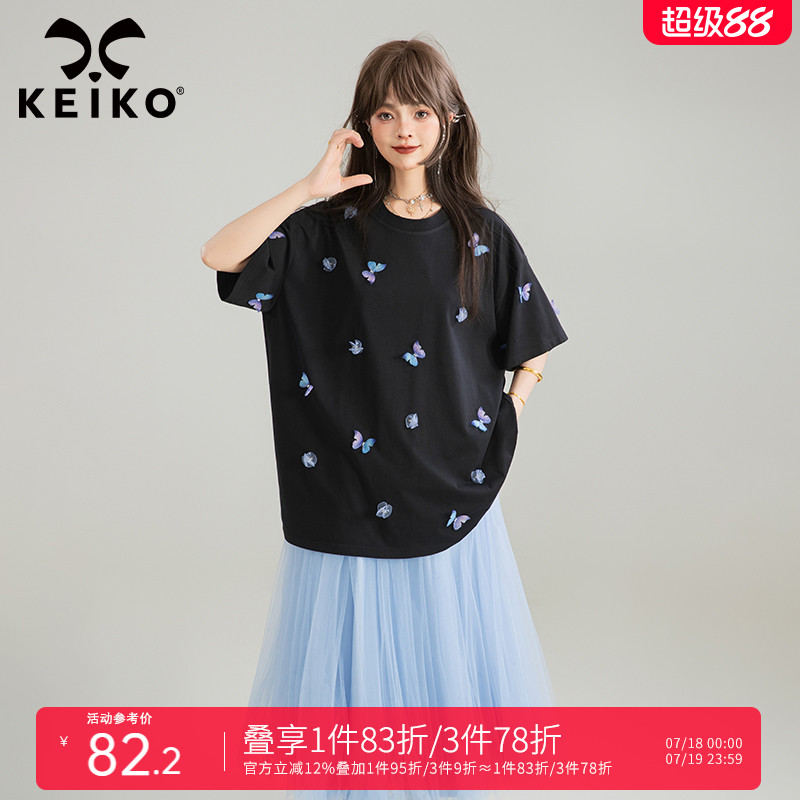 KEIKO3D立体蝴蝶绣甜系短袖T恤