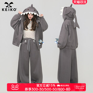 KEIKO 搞怪小鲨鱼连帽加绒外套女秋季美式复古廓形宽松拉链卫衣