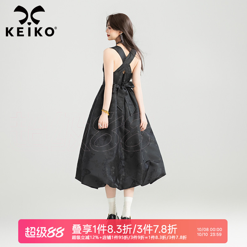 KEIKO黑色绑带蝴蝶结吊带连衣裙