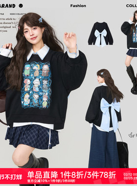 KEIKO 少女风蝴蝶结扎花黑色加绒卫衣女新款涂鸦印花宽松圆领上衣