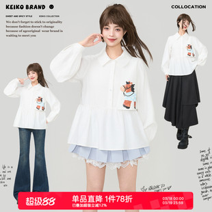 KEIKO 小马印花白色长袖衬衫女2026春季俏皮打褶花边灯笼袖娃娃衫