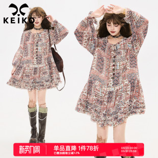KEIKO波西米亚风长袖 异域风情出游度假褶花A字雪纺裙子 连衣裙春季