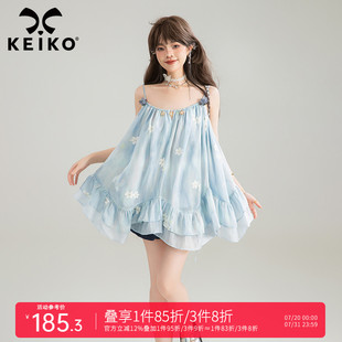 连衣裙 KEIKO 刺绣碎花 不规则荷叶边吊带裙短裙夏季 海边度假无袖