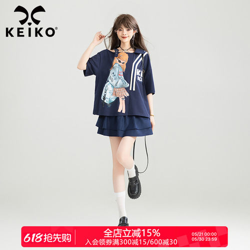 KEIKO美式学院印花短袖T恤