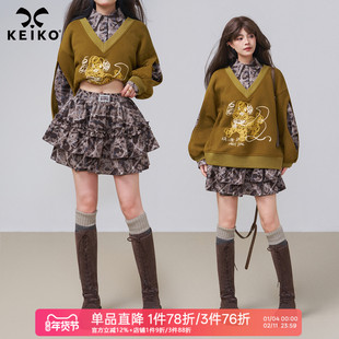 KEIKO 复古印染蓬蓬蛋糕半身裙春季波嬉风层叠拼接荷叶边A字短裙