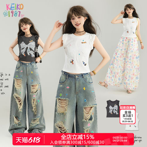 KEIKO甜辣风蝴蝶结绣花背心