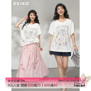 KEIKO 甜酷自然风轻薄印花白色t恤女夏季蕾丝花边V领宽松上衣球衣