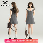 格雷系温柔烫钻修身 KEIKO miu系千金风桃心领连衣裙夏季 显瘦短裙