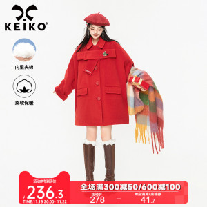 KEIKO [夹棉]甜系蝴蝶结饰毛呢外套冬季圣诞节斗篷型红色呢子大衣