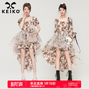 战损玫瑰法式 复古度假风显瘦公主裙蓬蓬裙子 掐腰拖尾连衣裙夏季