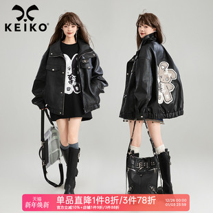 黑色车机皮夹克 酷飒雾面哑光皮衣外套2025新款 KEIKO 重工贴布绣