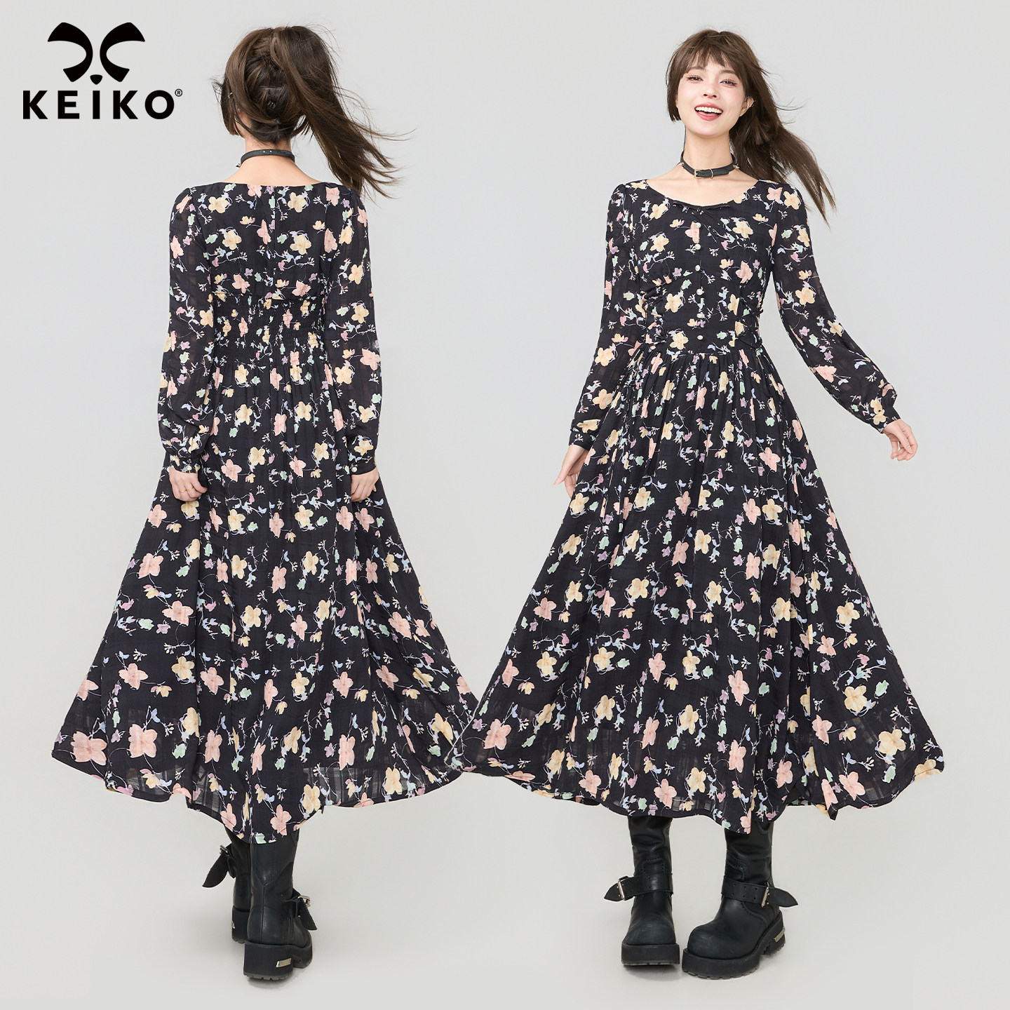 KEIKO法式碎花收腰显瘦连衣裙图片