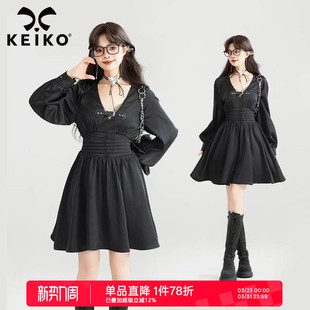 新千金感深V显瘦小黑裙短裙 褶间收腰黑色连衣裙26春季 KEIKO 法式