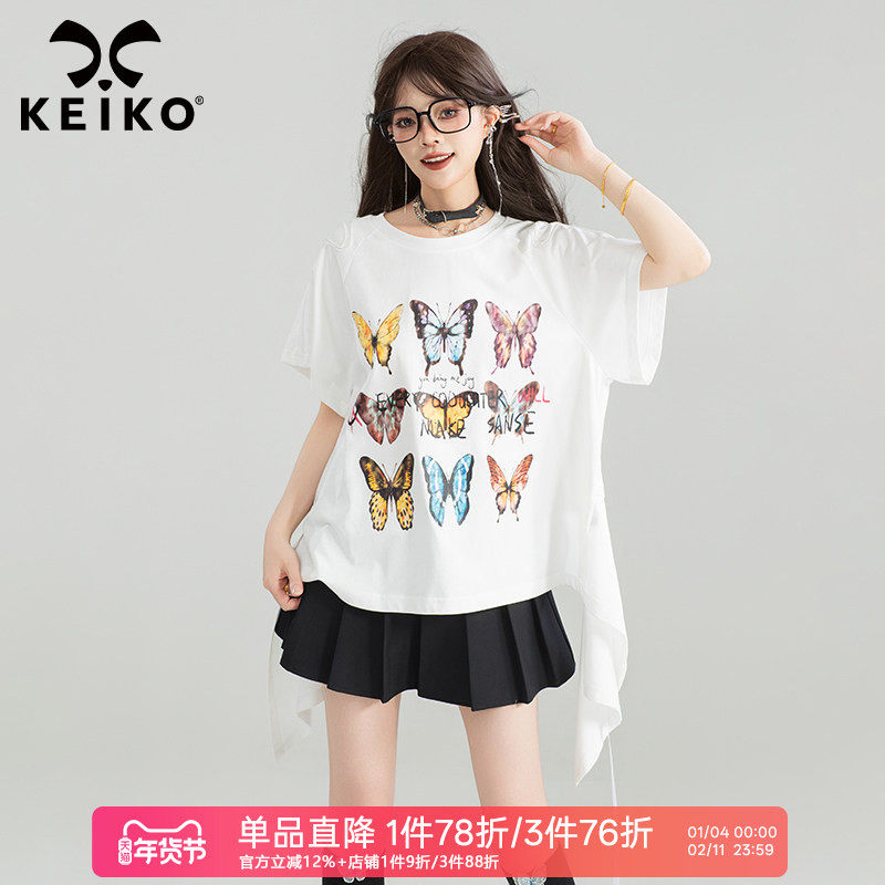 KEIKO [蝴蝶绣] 设计感露背短袖t恤女25夏季前长后短宽松印花上衣