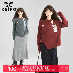 安可拉红绒感毛衣女25春季 KEIKO 复兴派贴布印花羊毛混纺针织上衣