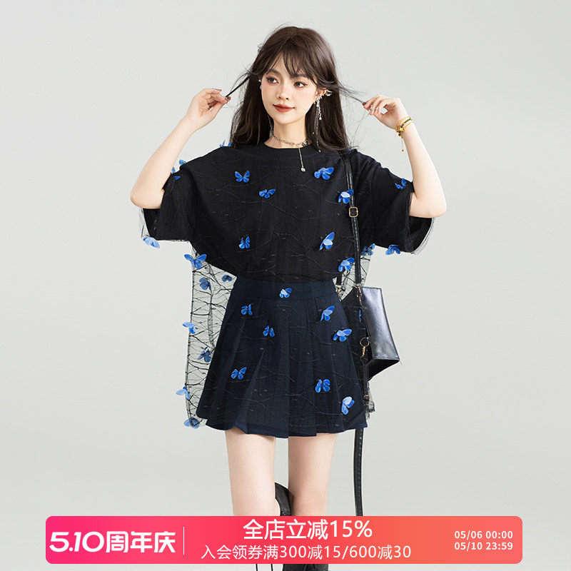 KEIKO 仙灵蝴蝶花薄纱拼接T恤女酷感慵懒宽松显瘦黑色短袖上衣