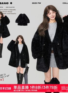 KEIKO 高级感黑色宽松皮毛一体外套女冬季环保羊剪绒毛毛皮草大衣