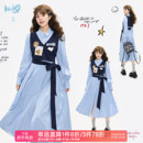 兔子警官 KEIKO 连衣裙春季 蓝色条纹衬衫 假两件显瘦遮肉长裙 法式