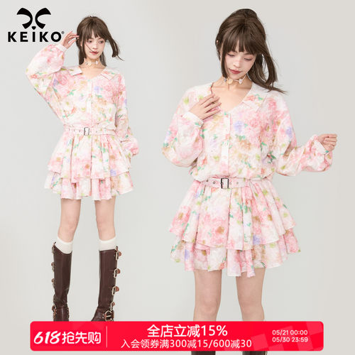 KEIKO莫奈花园碎花荷叶边连衣裙