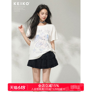 KEIKO 美萌卡通印花白色短袖T恤女夏季亲肤精梳棉宽松圆领上衣