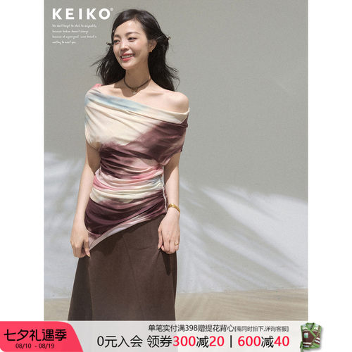 KEIKOVintage艺术晕染斜肩上衣