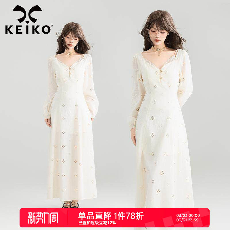 KEIKO [镂空绣] 纯欲温柔感白色连衣裙26春季法式桃心领收腰长裙