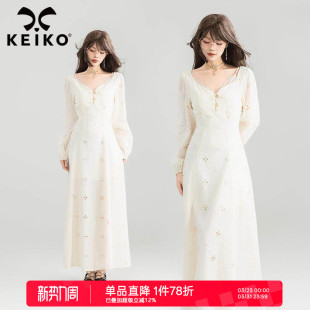 法式 纯欲温柔感白色连衣裙26春季 桃心领收腰长裙 镂空绣 KEIKO