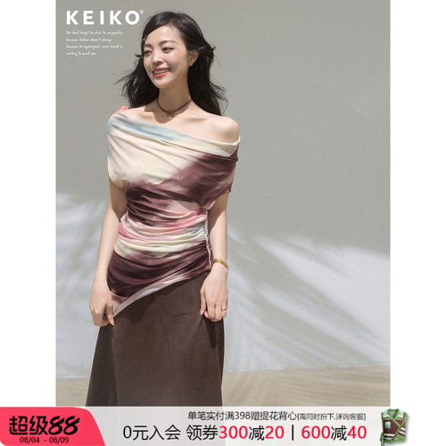 KEIKOVintage艺术晕染斜肩上衣