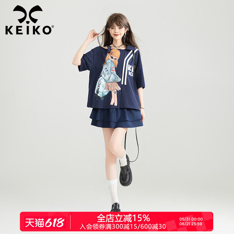 KEIKO 美式学院印花斜肩短袖t恤女夏季复古轻运动织带饰露肩上衣