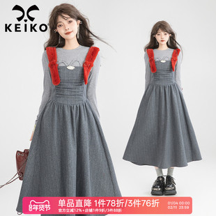 KEIKO 法式打揽薄毛呢背带连衣裙秋季撞色肩带显瘦A字吊带长裙子